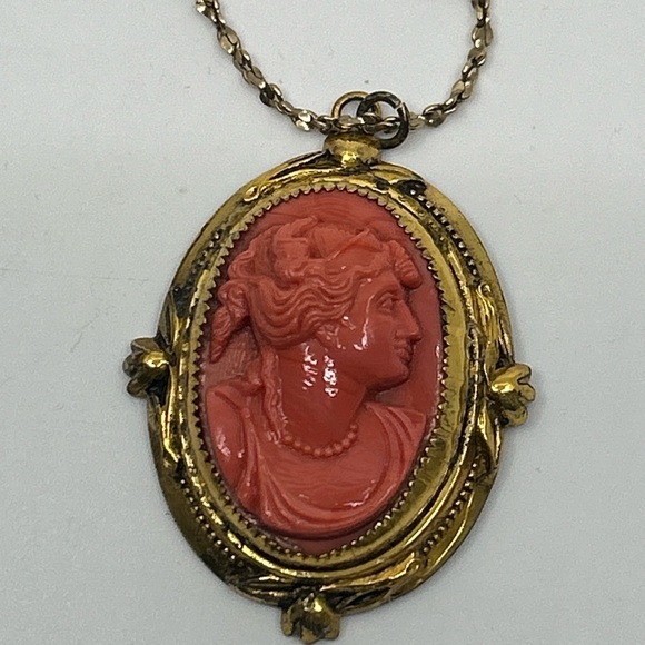 1/20 12k Gold Filled 18” Chain Necklace Coro Sterling Cameo Pendant Red Vintage - Picture 5 of 12